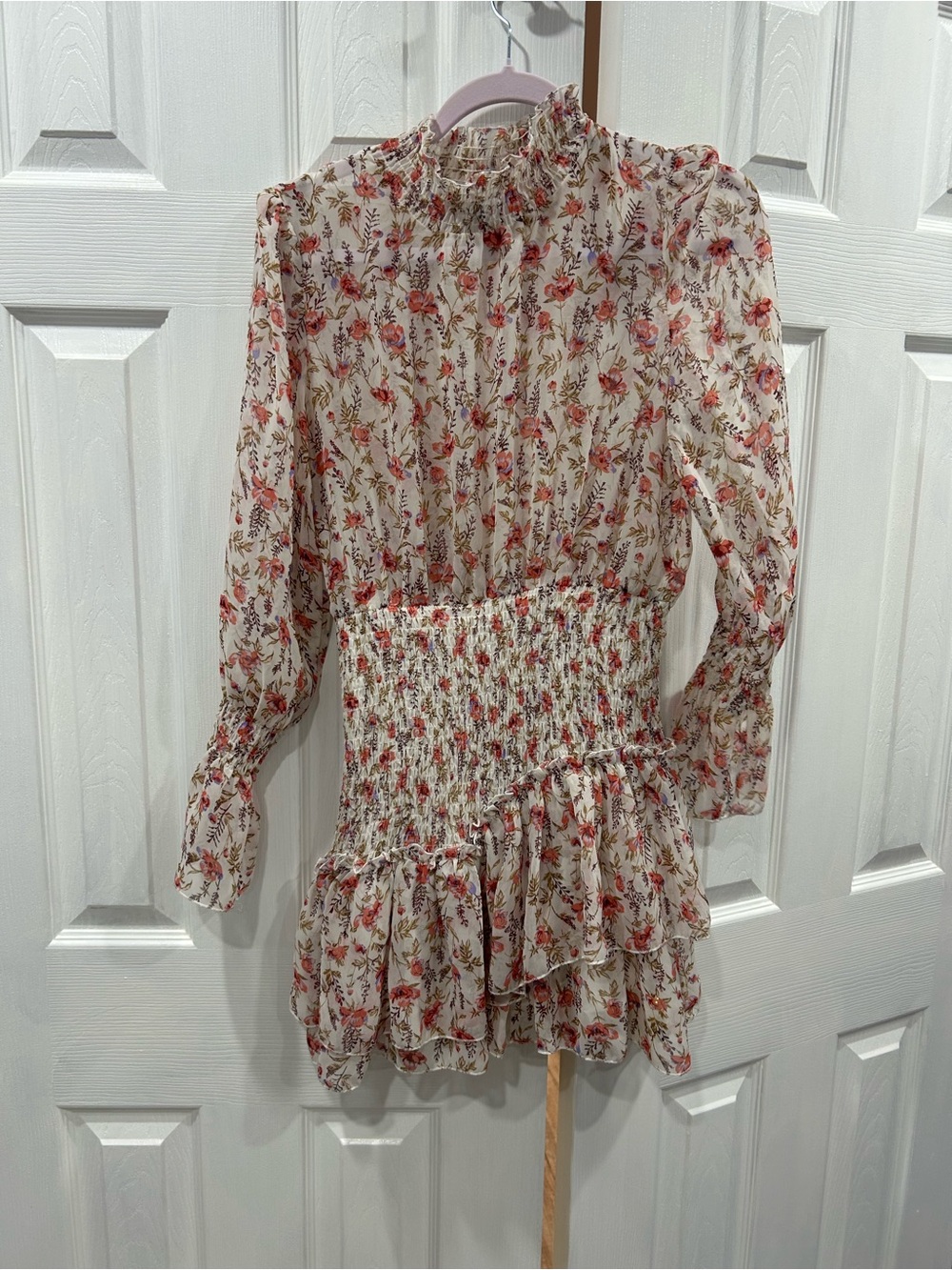 Princess Polly Cream Floral Smocked Ruffle Mini Dress
